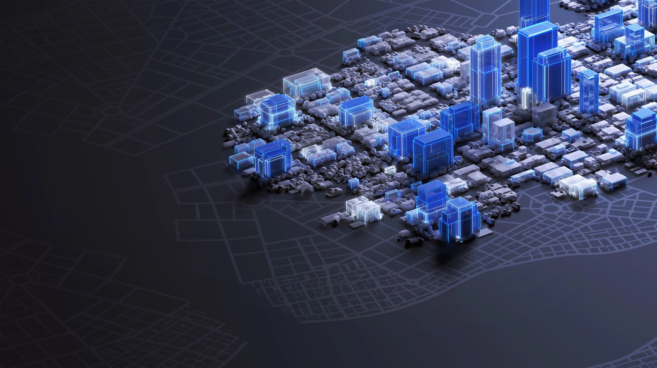 Abstract illuminated city model representing connected infrastructure and digital planning